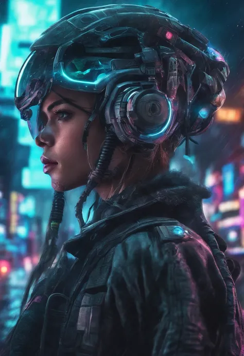 "Cyberpunk-inspired immersion, A world of neon lights, Let yourself be mesmerized by the surreal spectacle of the planets that dominate the skies, Lleno de cautivador arte digital."