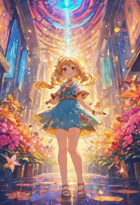 Girl standing with radiant smile, Holding a bottle of magic paint in hand. Surrounded by magical and colorful environments, With colorful flowers, Brilliant wood々and a sky full of rainbows. 4K resolution