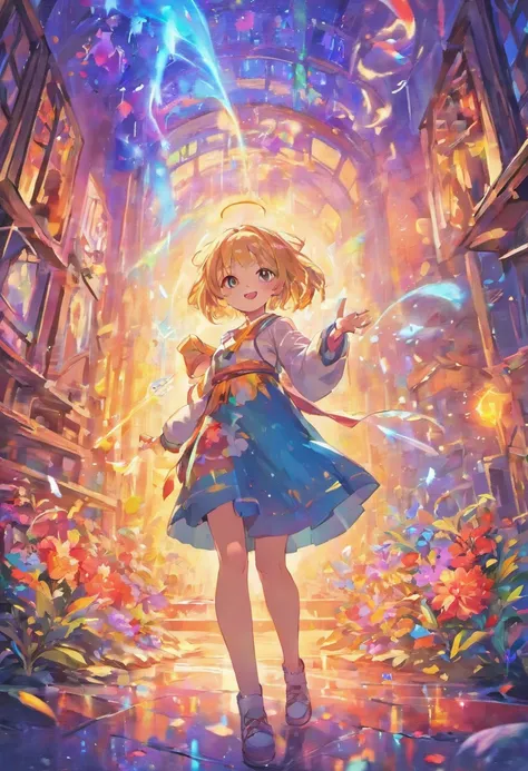 Girl standing with radiant smile, Holding a bottle of magic paint in hand. Surrounded by magical and colorful environments, With colorful flowers, Brilliant wood々and a sky full of rainbows. 4K resolution