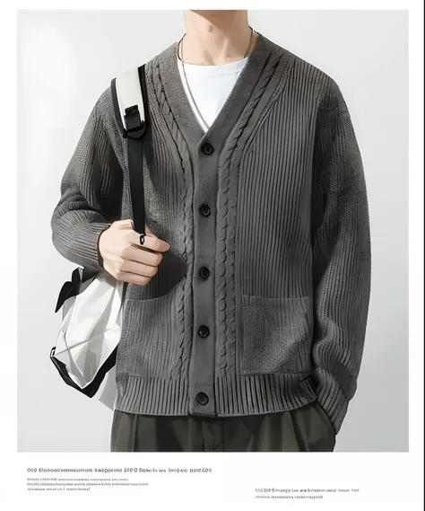 Close-up of a man in a sweater and bag, wearing a cardigan, Cardigan, Hierarchical verbose, 4 0 9 6, with two front pockets, wearing in cardigan, advertisement picture, Gray color, h 7 0 4, 480p, 4 8 0 p, modern casual clothing, dark gray, Detailed picture...