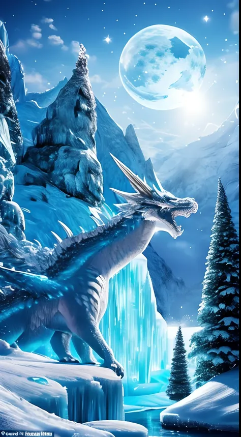 Imagine a frosty, winter wonderland where ice castles glisten in the moonlight. A mystical, ice-breathing dragon guards a frozen treasure deep within the mountains.