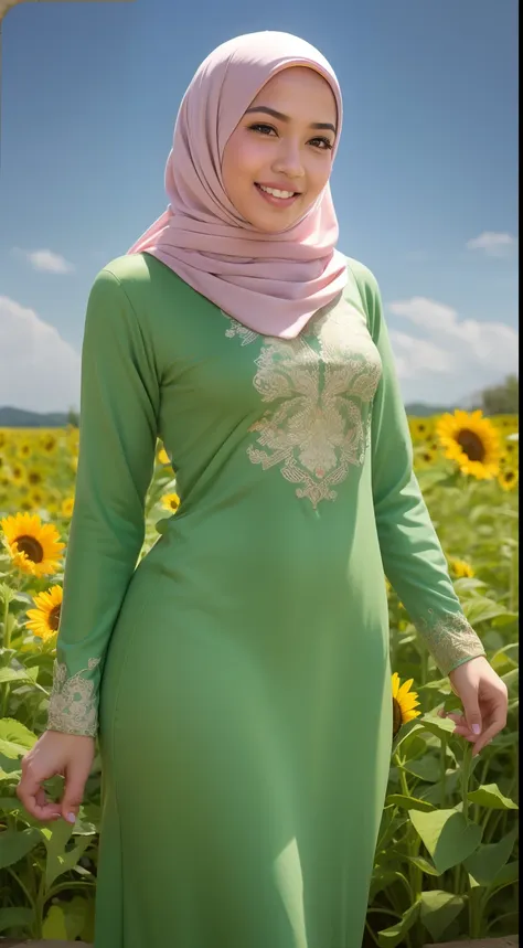 malay girl in long hijab wear baju kurung, pastel color, walking in sunflower field, windy, blown her hijab, front view, detail ...