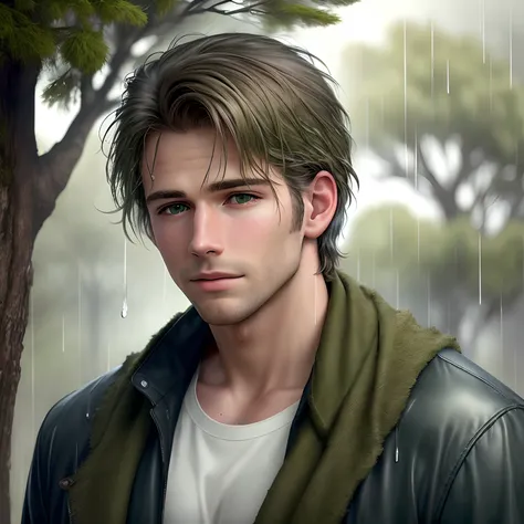 youre in the wind (realistic American man, young man, handsome, poor, sad, windy. Nature, green moss on trees, wind, trees, blue hue, rain drops