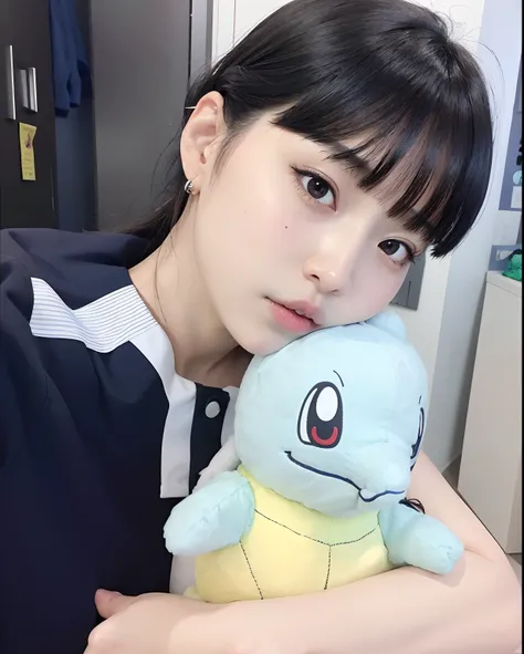 Araffe with a blue shirt holding a stuffed animal in his hands, dilraba dilmurat, Kimi Takemura, Jaeyeon Nam, Ela tem cabelo preto com franja, Esguicho, Sakimichan, Bae Suzy, Menina anime na vida real, Kim Doyoung, she has pale blue skin!!!, Ulzzang