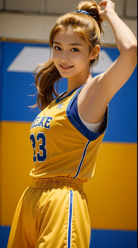 femele,１2 years old,Golden head hair,basket ball uniform,Beautiful ponytail,Blue eyes,Mansuji, a smile,huge tit,Show the armpits,Pants are visible,