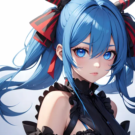 Blue-haired girl, X hairpin, twin tails, ((odd eyes)), ((red eyes on the right)), ((blue eyes on the left)), idol-style costume