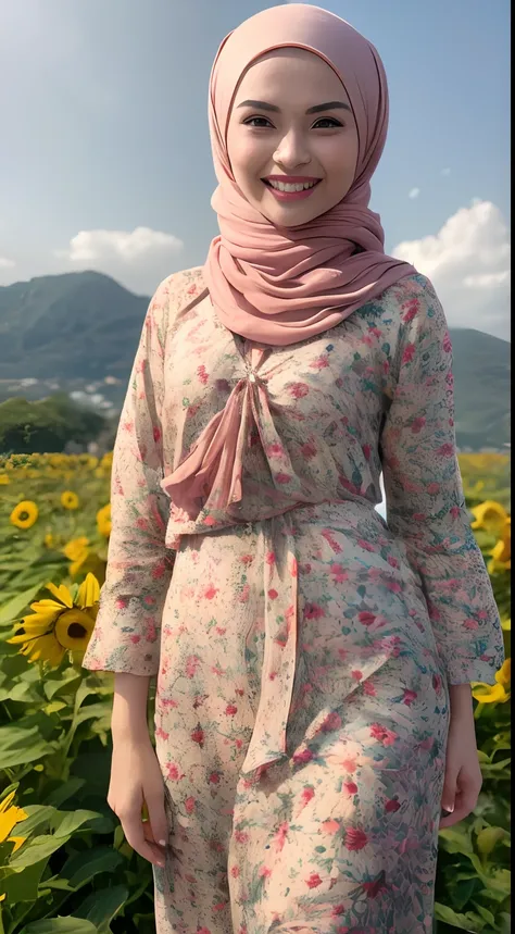 Malay girl in long hijab wear baju kurung, pastel color, walking in sunflower field, windy, blown her hijab, front view, detail skin, detail skin texture, mole below eyes, small breast, wide hips, small waist, thick thigh, slim abs, beautiful body, sunrise...