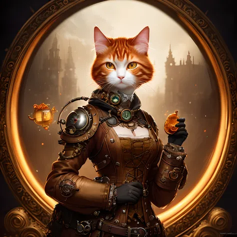 whimsical detailed steampunk ginger cat, bold colors, contrast, intricate fantasy extremely hyperdetailed, studio photography, backlight, oil painting, octane render, hyperrealistic, 8K, Hasselblad, ornately detailed, pretty face, photorealistic, octane re...