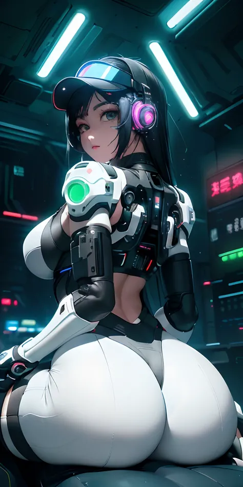 top-quality))、((​masterpiece)、cyberpunked、Big buttocks、Installing an electronic visor on an 18-year-old girl on her lap、Emphasis on the buttocks of the face、Cyberpunk Fashion、Sexy Posing、(Wearing white body spats on lower body、Breasts enlarged、Neon lights ...