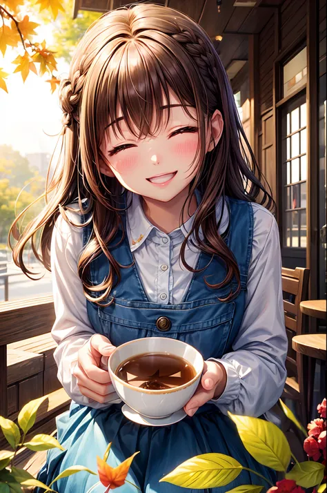 Best Quality、Shining crystal clear eyes、Light brown skin、Tea on the café terrace、Autumn clothes、Drawn up to the knee、、Bob Hair、Teenage woman、Very cute、Smile with eyes closed、A smile、Brown hair、Schools、I want to blush、Peek、Colored leaves、Wink、twinkling、Kami...