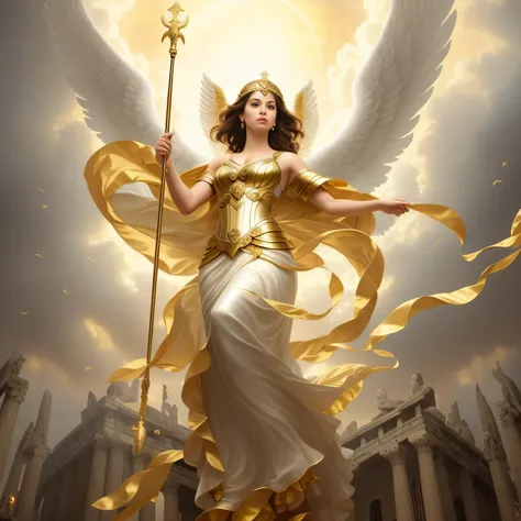 A brunette woman flying through the air with a cane and wings, full - body majestic angel, smil，tall female angel, Diosa dorada Atenea, Diosa griega Atenea, goddess of greek mythology, El dios Atenea, beautiful female angel, beautiful angel, Diosa de la Lu...