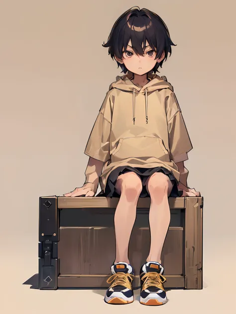 (((7-year-old boy))), ((child)), (((shota))), very short hair, (Oversized beige hoodie), ((beige big hoodie), ((mini-skirt)), ((bare thigh)), ((thigh focus)), sneakers, A small cute boy, ((Skinny)), sitting, crossed legs, full body, (best Quality), (Am...