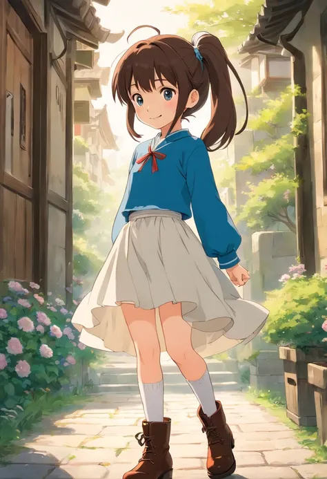 top-quality、extremely delicate and beautiful、Teen Girls、small tits、((((Solo Girl))))、11years old  girl、(dark brown hair)、（Blue clothes with vertical buttons）、Belt at waist、White skirt、(((poneyTail)))、(white hairband)、(Brown boots)、blue eyess、Facing the fro...