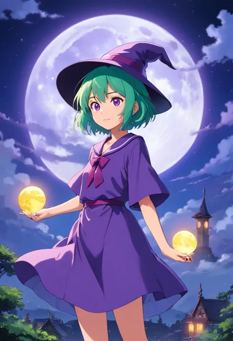 top-quality、extremely delicate and beautiful、(A teenage girl)、Purple Eye、Green hair、short-haired、(purple witch hat)、Purple tie、Soio、shortsleeves、Purple skirt、Purple Wizard Robe、Navel、is standing、Full moon night on background