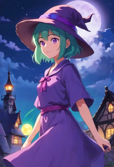 top-quality、extremely delicate and beautiful、(A teenage girl)、Purple Eye、Green hair、short-haired、(purple witch hat)、Purple tie、Soio、shortsleeves、Purple skirt、Purple Wizard Robe、Navel、is standing、Full moon night on background