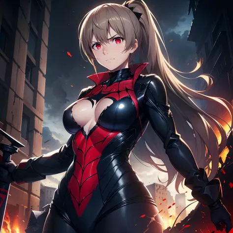 1girl,big breasts,standing in ruined city,(8k),scratches,detailed face,light brown hair,red eyes,long hair,embarassed,small smile face,high_res, high_definition,the battlefield,Heroic pose,dark suit,ponytail,pirate sword, (symbiote spider man Custome:1.1),