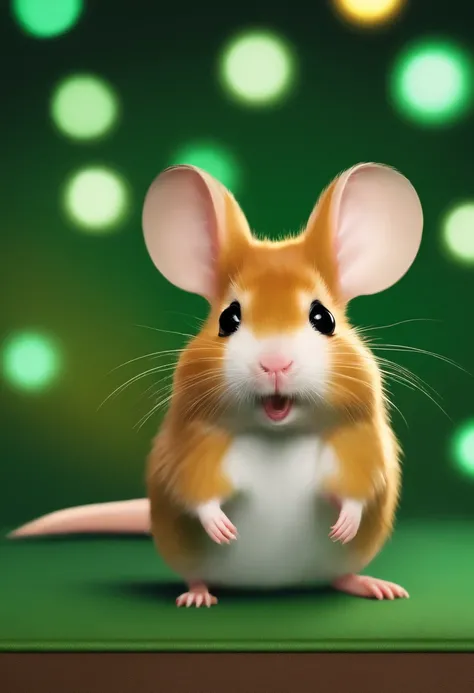 anthropomorphic hamster，Green background，simplebackground，solid color backdrop，Full body frontal photo，standing on your feet，full bodyesbian, Solo,frontage，facing to audience, ssmile，Background bokeh，lightand shade contrast，tmasterpiece，flatillustration，mi...