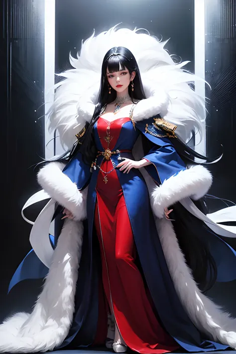 stunning Western noblewoman, black hair, long hair, red lips, royal blue dress, white fur coat, jewelries, digital art, realism, full body view, detailed background, cinematic lighting, cinema scope, Anamorphic lens, 35 mm film