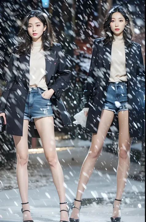 A Japanese Lady、beauitful face、二重まぶた、Big eyes、Long Black Hair、long court、、Micro shorts、beauty legs、Raw feet、pin heels、tall、model poses、Black heels、Oyuki、snow cover、snow blowing、Snowy landscape at night、Visibility is poor due to snow、heavy wind、Hair disheve...