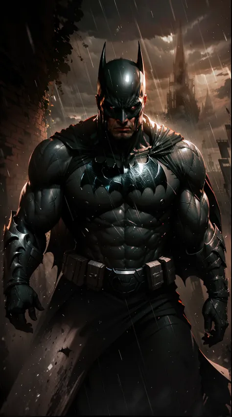 Batman, muscular, highly expressive and detailed face, looking at the viewer, heavy rain, unreal engine 5, 8k.