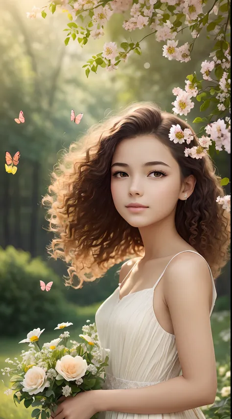 Girl in a garden,soft colors,natural lighting,beautiful flowers,butterflies flying around,peaceful atmosphere,warm sunlight,grass and leaves with delicate details,relaxing and calm mood,fresh air,subtle breeze,harmonious nature,girl wearing a flowing dress...