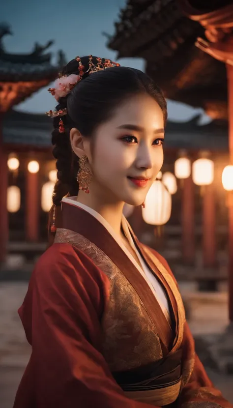 Kpop idol: 1.2, mix4, 1 Korean girl, 14 years old, (light eyebrows: 1.4), shiny brown eyes, bun head, tied two braids, ancient city, Chinese temple, high mountain, beautiful detail sky, street (crowd:1.2), night, (nose blush), hanfu, happy, smile