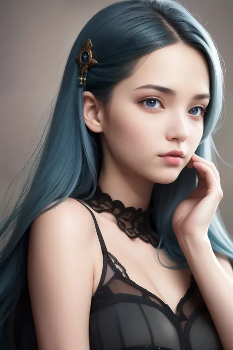 best quality, masterpiece,  (realistic:1.2), 1 girl, blue hair, brown eyes,Front, detailed face, beautiful eyes