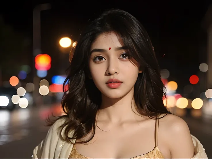 (((desi Indian girl))), chubby face, natural skin, wearing hot deep neck top and dupatta, charming black hair, ((hair ends are blonde)), city streets background, bokeh