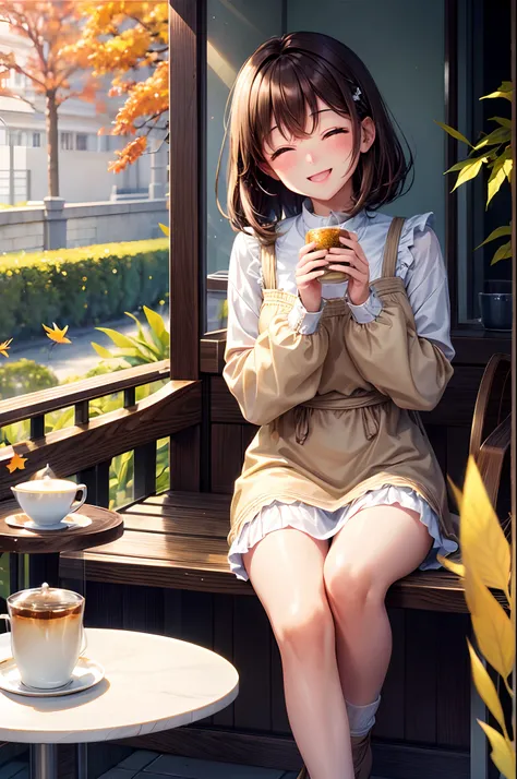 Best Quality、Shining crystal clear eyes、Light brown skin、Tea on the café terrace、Autumn clothes、Drawn up to the knee、、Bob Hair、Teenage woman、Very cute、Smile with eyes closed、A smile、Brown hair、Schools、I want to blush、Peek、Colored leaves、Wink、twinkling、Kami...