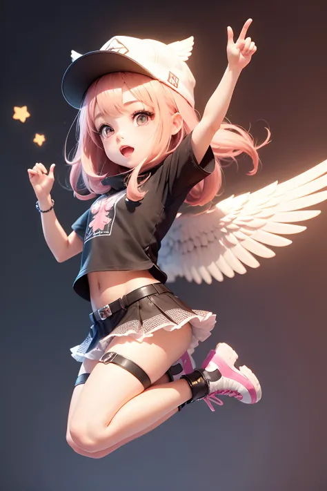 1 very cute girl，There are wings on the back，With a hat on，jumpping，chibi girl，3d anime girl，3d effect，（Full body like），super detailing