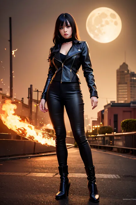 1girl, long curly black hair, brown eyes, wearing black leather jacket, black leather long pants, black boots, city, high res, ultrasharp, 8K, masterpiece, looking at viewer, full body photo, magnificent scene, epic scenes, gothic, moon, fire spell, smoke,...