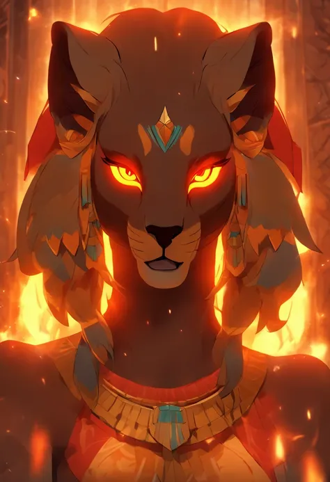 (((Sekhmet))) best quality, ultra-high resolution, detailed CG in 4K, masterpiece, lioness goddess, epician goddess, lioness head, tongue out, tongue, fangs, bared teeth, blood, Egyptian mythology , ((Lick blood)) , aesthetic, screen-centered image