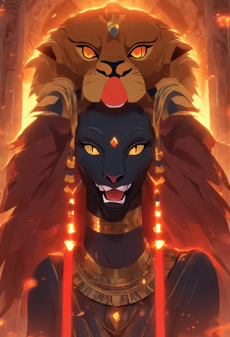 (((Sekhmet))) best quality, ultra-high resolution, detailed CG in 4K, masterpiece, lioness goddess, epician goddess, lioness head, tongue out, tongue, fangs, bared teeth, blood, Egyptian mythology , ((Lick blood)) , aesthetic, screen-centered image