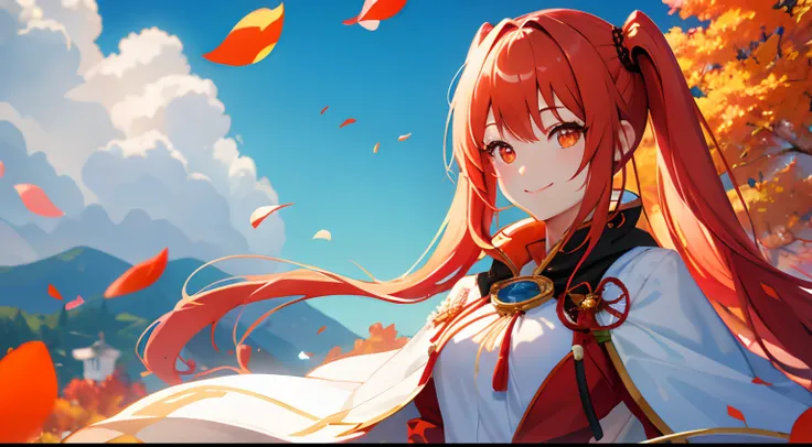 Smiling closed mouth, lady, yuusha, red twin tails, detailed orange anime eyes, white surcoat, crimson cape, (full shot:1.5), full body, fantasy countryside background, beautiful and aesthetic, extremely detailed, colorful, highest detail, perfect face, HD...