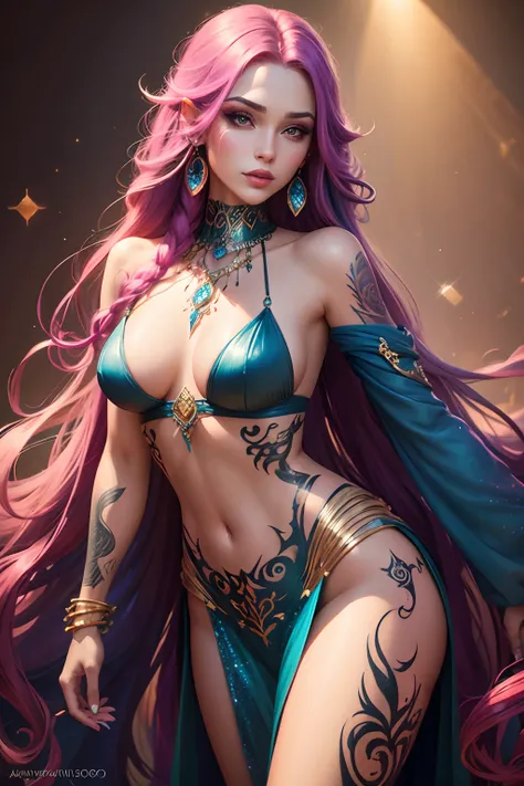 colorful tattoos, long flowing hair, vibrant makeup, confident pose, glamorous outfit, sparkling jewelry, artistic background, studio lighting, highres, digital painting, fantasy style, vibrant colors