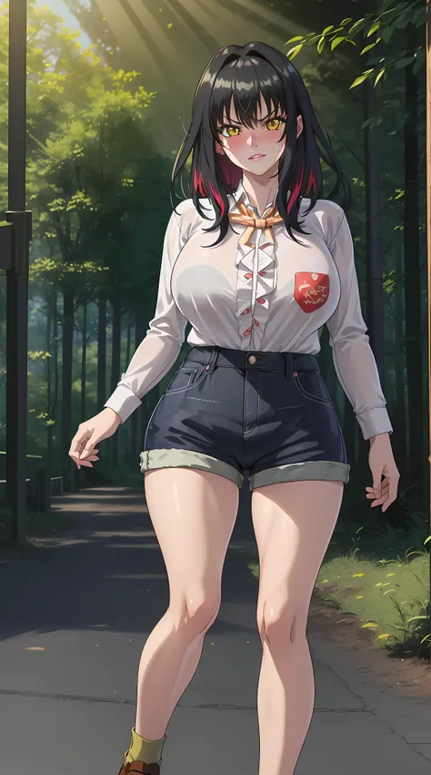 walking in forest at day background, trees, forest,
cowboy shot, Annerose,
((short pants:1.4, fluffy shirt:1.3)),
 black_hair,yellow_eyes, long_hair, hair intakes,
1 girl, 35yo,mature female,Beautiful Finger,Beautiful long legs,Beautiful body,Beautiful Nos...