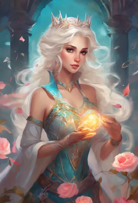 Female Human with light skin and white hair, princess, dark light armour with cleavage, light cyan eyes, rpg character, dark sword on back, rose petals border, whimsical, visually rich, bits of color, ink lines, high resolution