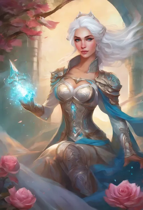 Female Human with light skin and white hair, princess, dark light armour with cleavage, light cyan eyes, rpg character, dark sword on back, rose petals border, whimsical, visually rich, bits of color, ink lines, high resolution