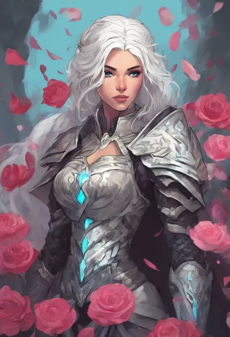 Female Human with light skin and white hair, princess, dark light armour with cleavage, light cyan eyes, rpg character, dark sword on back, rose petals border, whimsical, visually rich, bits of color, ink lines, high resolution