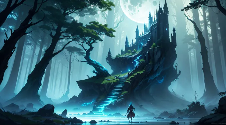 adventure and fantasy theme, Dungeons & Dragons RPG, background nature magical, forest dark magical, moon cyan, concept art fantasy, splash art, best quality, detailed. Dynamic lighting, Digital Art, Energetic, Intense, Dynamic Lighting, Fantasy, Illuminat...