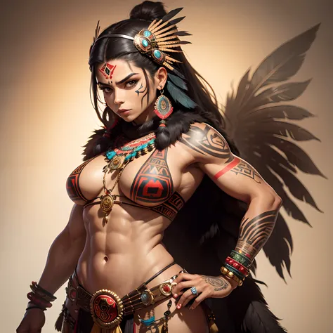 Aztec woman with defined muscles replete with tattoos wearing tribal clothes and an animal skull ornamented with feathers as a mask