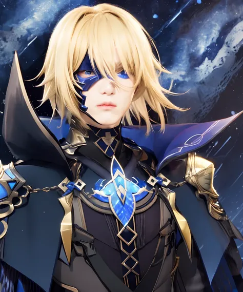 masterpiece, best quality,dainsleif(genshin impact), 1boy, male focus, solo, blonde hair, blue eyes, mask, gloves, looking at viewer, cape, closed mouth, black gloves, bangs, high collar, realistic.