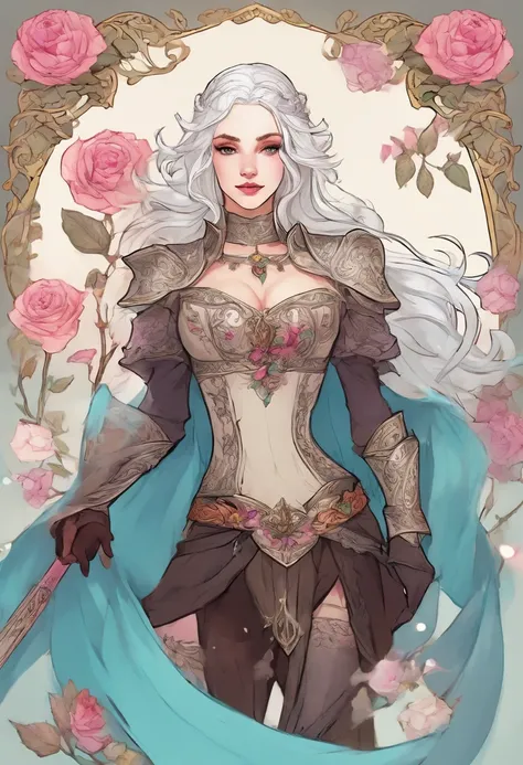 Female Human with light skin and white hair, princess, dark light armour with cleavage, light cyan eyes, rpg character, dark sword on back, rose petals border, whimsical, visually rich, bits of color, ink lines, high resolution