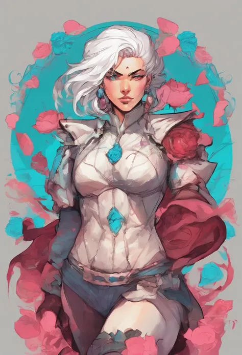 Female Human with light skin and white hair, princess, dark light armour with cleavage, light cyan eyes, rpg character, dark sword on back, rose petals border, whimsical, visually rich, bits of color, ink lines, high resolution