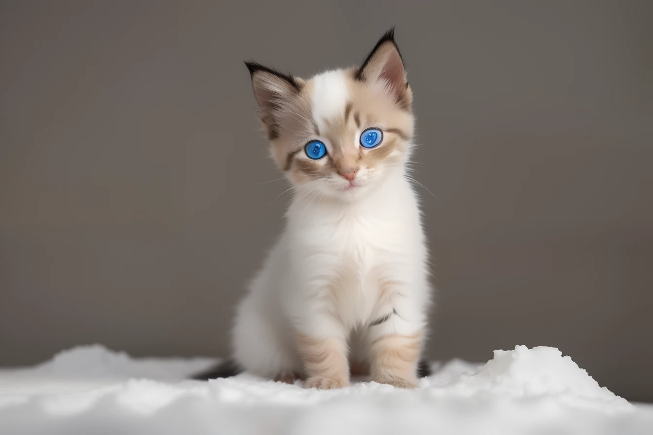 there is a small kitten sitting on a pile of white snow, small blue eyes, has two adorable blue eyes, an adorable kitten, pale blue eyes!, cute kitten, with cute doting eyes, cute cat, with blue eyes, a cute cat, blue-eyed, cute cat photo, beautiful blue -...