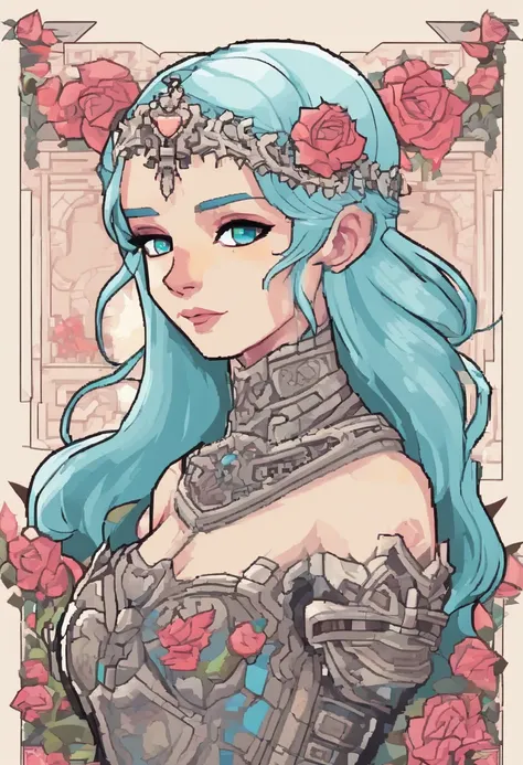 Female Human with light skin and white hair, princess, dark light armour with cleavage, light cyan eyes, rpg character, dark sword on back, rose petals border, whimsical, visually rich, bits of color, ink lines, high resolution