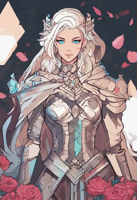 Female Human with light skin and white hair, princess, dark light armour with cleavage, light cyan eyes, rpg character, dark sword on back, rose petals border, whimsical, visually rich, bits of color, ink lines, high resolution