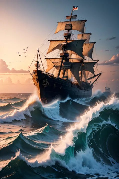 Ship，Dilapidated pirate ships，big sea waves，Domineering，Shocking picture，a pirate