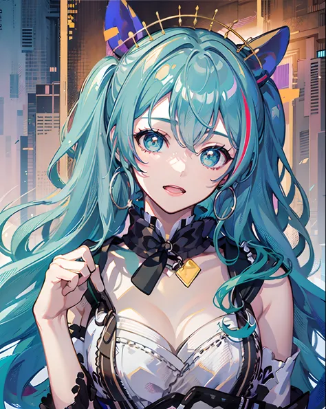 Hatsune miku , (cabello de color dividido:1.3), hermoso cabello rojo , hermoso cabello negro, colas gemelas, Tipo Estilo Luna, realista, extremadamente delicado y hermoso, juego_CG, Looking_abajo, Enfoque en los ojos, mano_en_cadera, brillante_piel, girlis...