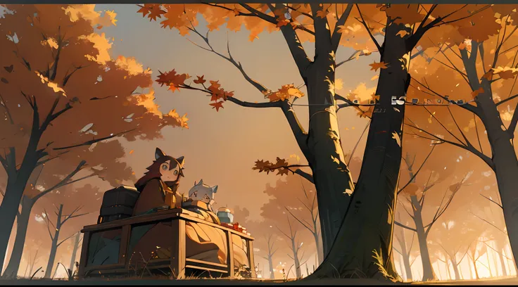 (((Cozy cartoon avatar))), autumn golden sunset, soft light, warm atmosphere.